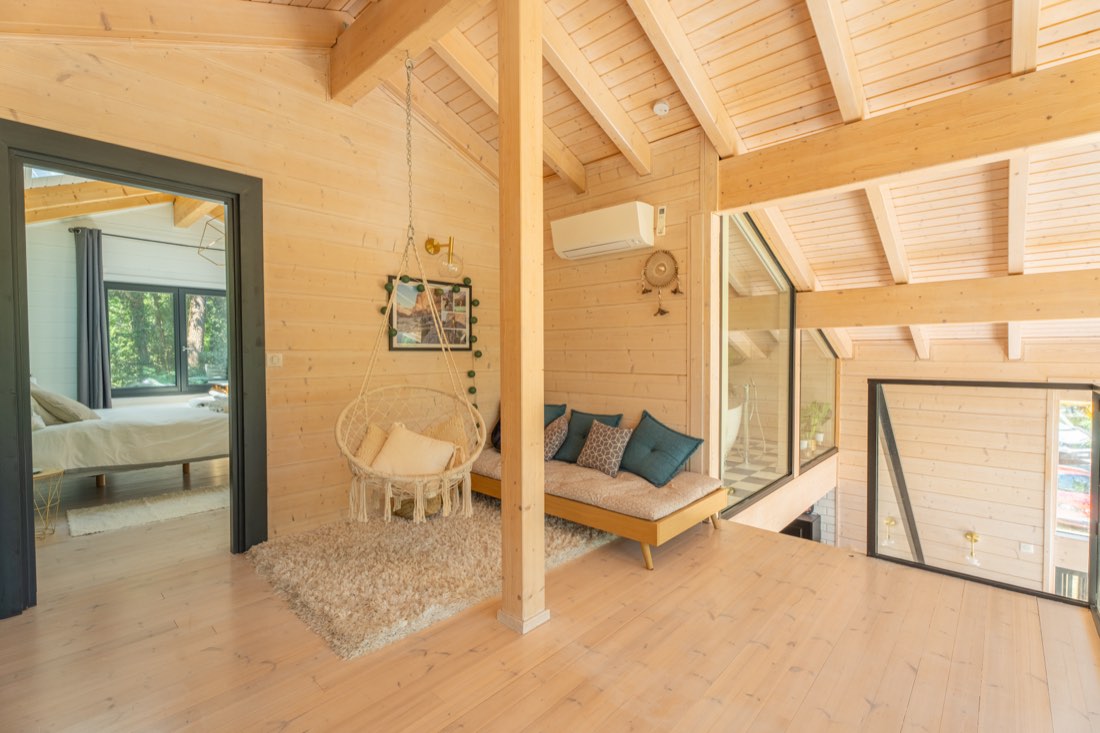 The hanging chair on the mezzanine